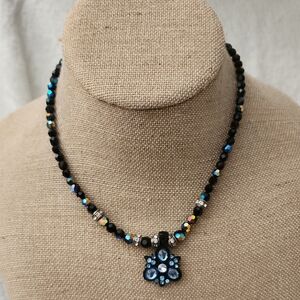 Elegant Black Beaded Necklace with Blue Pendant